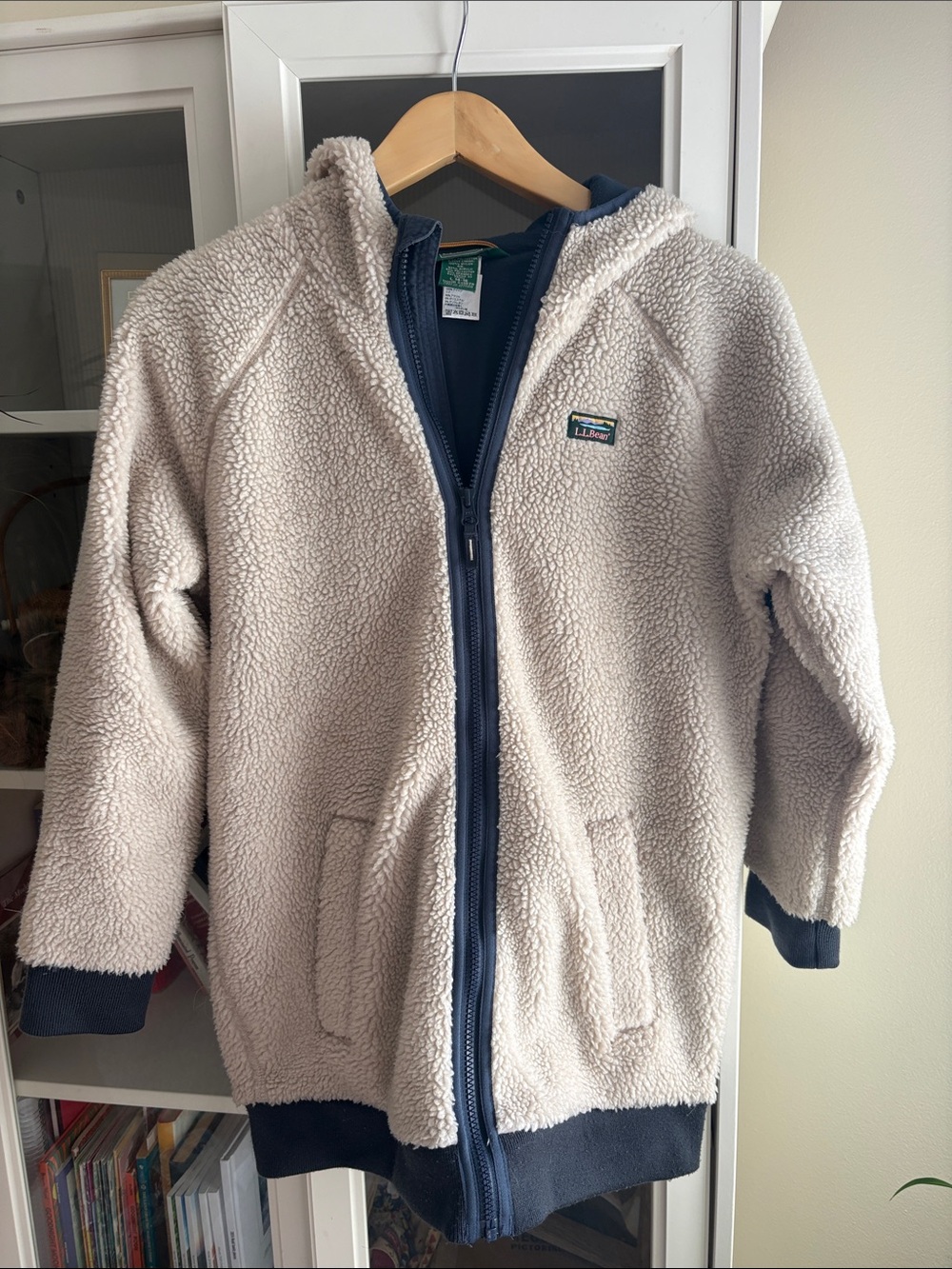L.L. Bean Cream Sherpa Zip-Up Hoodie with Navy Accents
